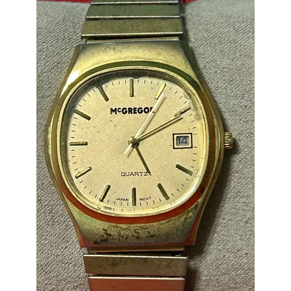 Vintage McGregor Japan Quartz Watch Men Gold Tone Date Stretchable New Battery